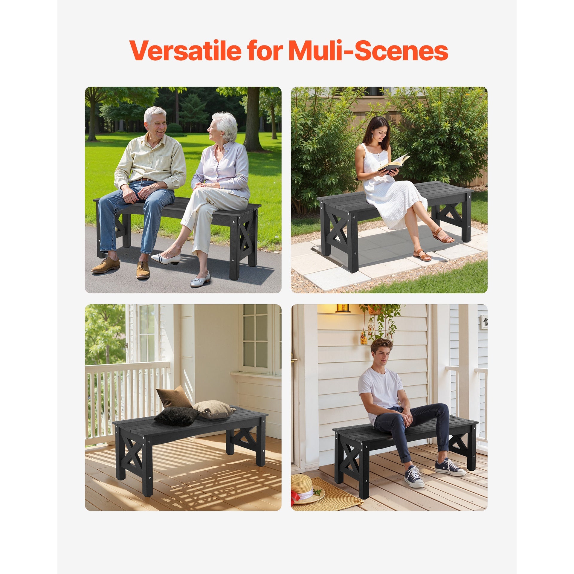 Outdoor Bench Patio Bench 44.5 inch Weatherproof Plastic 600 lbs Black
