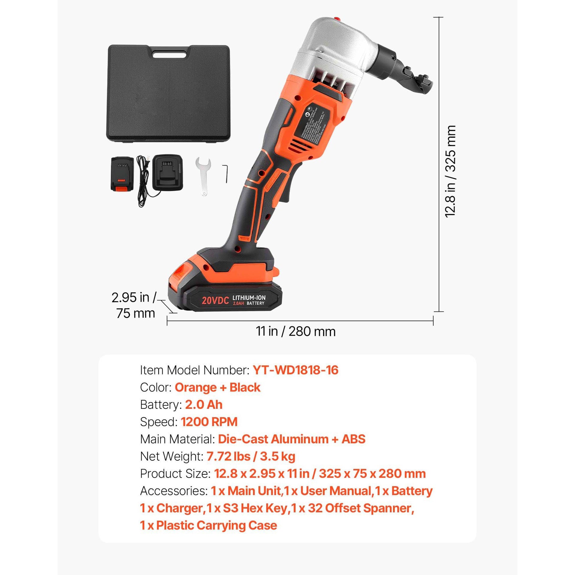 Cordless Metal Nibbler, with 18 V 2000 mAh Battery, 1200 RPM Brushless Motor, Electric Nibbler Metal Cutter with Plastic Carrying Case for Cutting Stainless Steel, Aluminum, and Copper Sheet