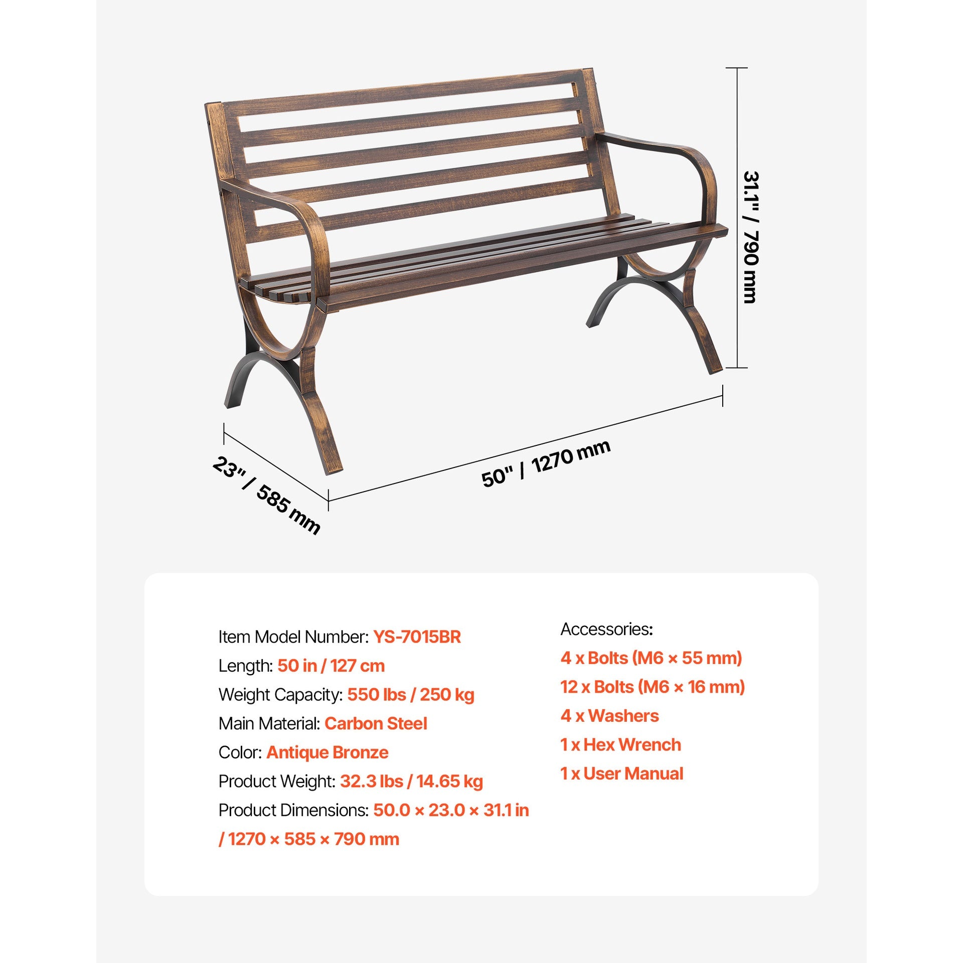 Outdoor Bench Patio Bench 50 inch Metal Frame Slatted Backrest for Porch