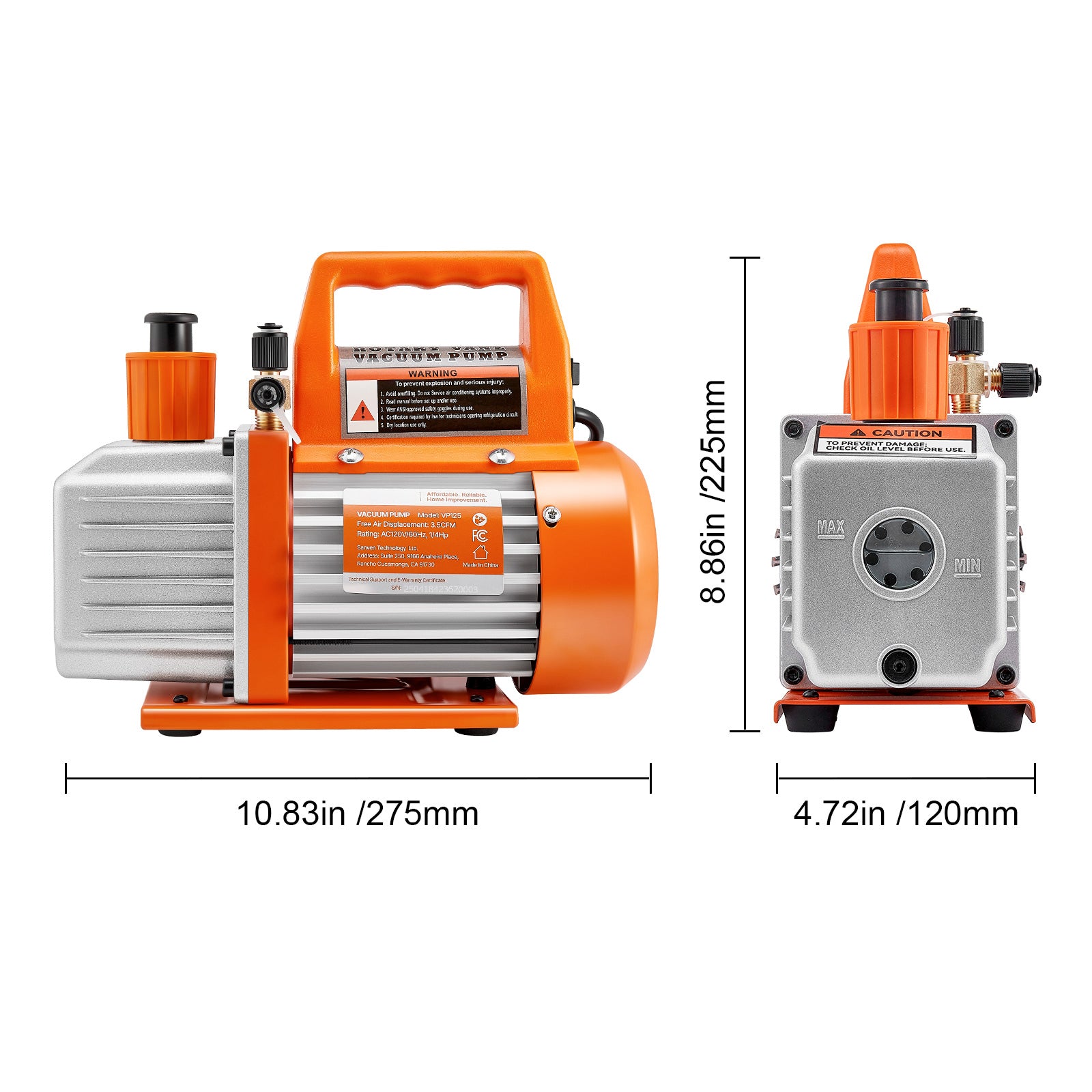AC Vacuum Pump 3.5 CFM HVAC Single Stage Rotary Vane Vacuum Pump Oil Included
