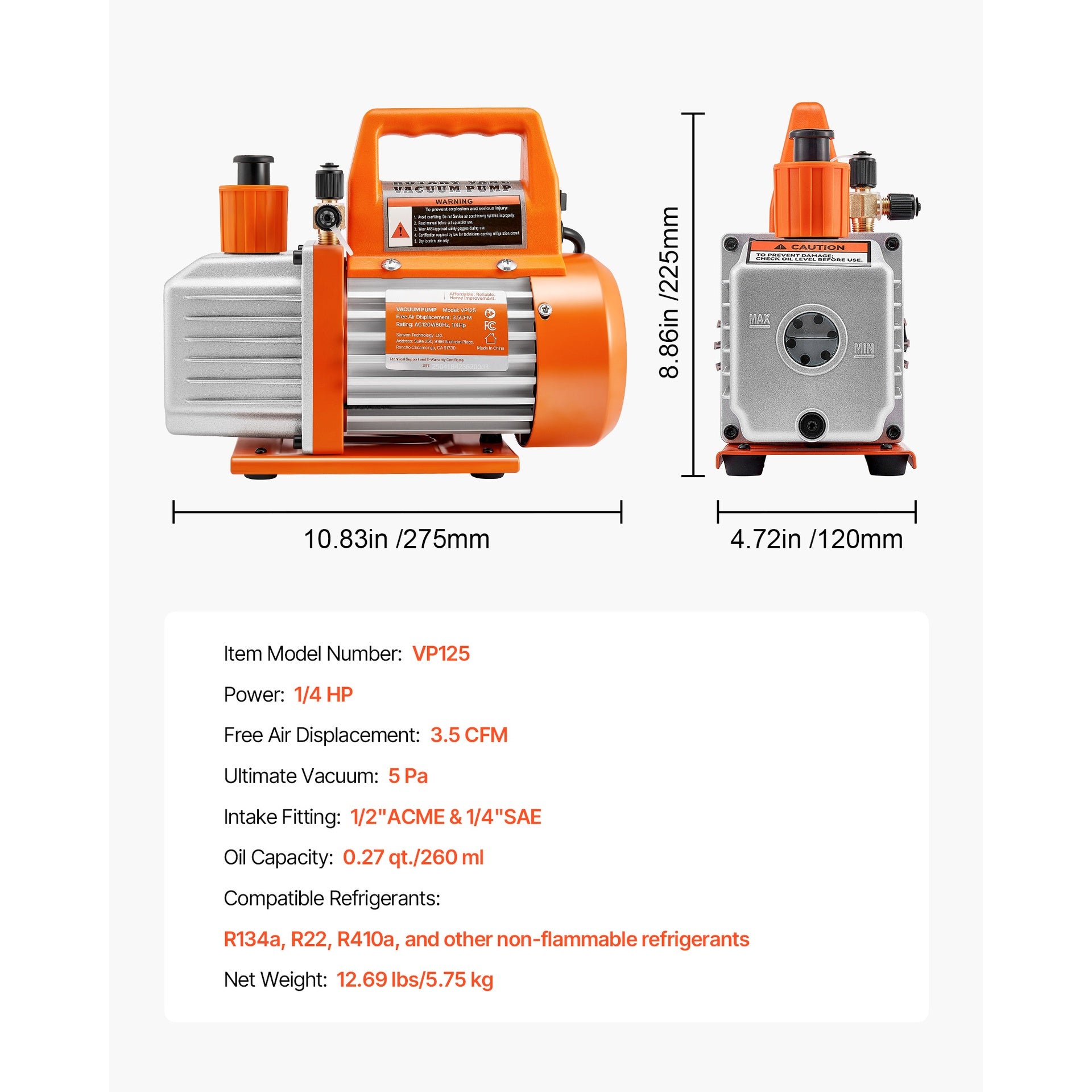 AC Vacuum Pump 3.5 CFM HVAC Single Stage Rotary Vane Vacuum Pump Oil Included