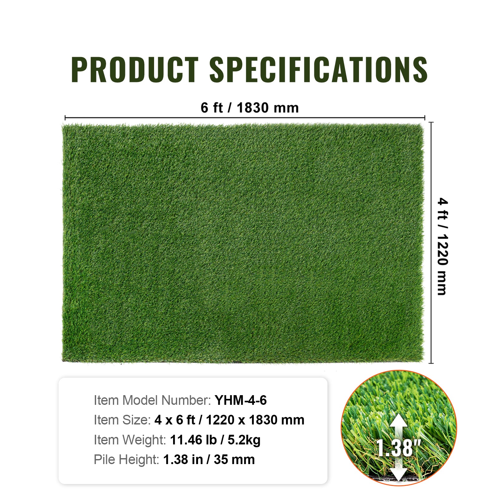 Artifical Grass, 4 x 6 ft Rug Green Turf, 1.38"Fake Door Mat Outdoor Patio Lawn Decoration, Easy to Clean with Drainage Holes, Perfect For Multi-Purpose Home Indoor Entryway Scraper Dog Mats