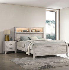 3pc Bedroom Furniture White wash Finish King Size Bed w Shelf Light 2x Nightstands Melamine Top Black Bar Pull