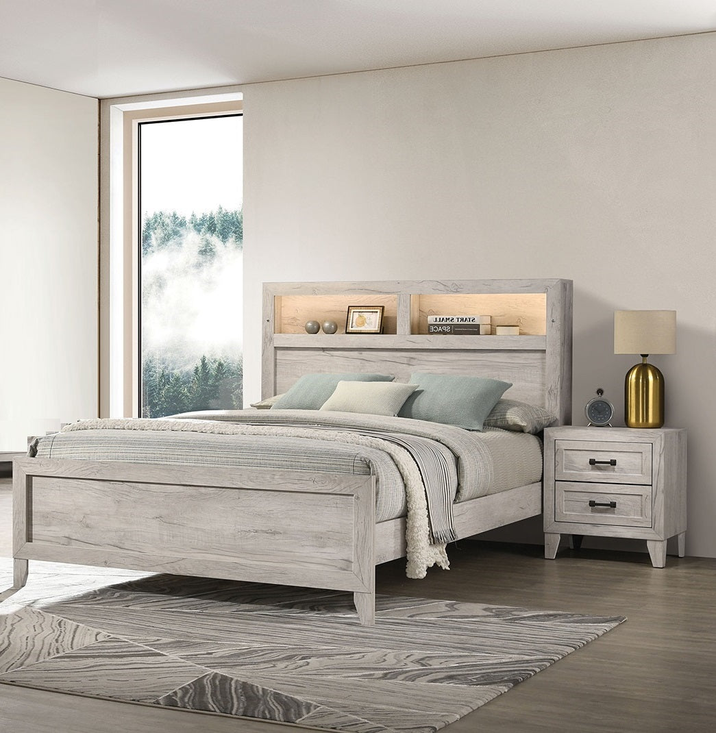 3pc Bedroom Furniture White wash Finish King Size Bed w Shelf Light 2x Nightstands Melamine Top Black Bar Pull