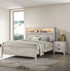 3pc Bedroom Furniture White wash Finish King Size Bed w Shelf Light 2x Nightstands Melamine Top Black Bar Pull