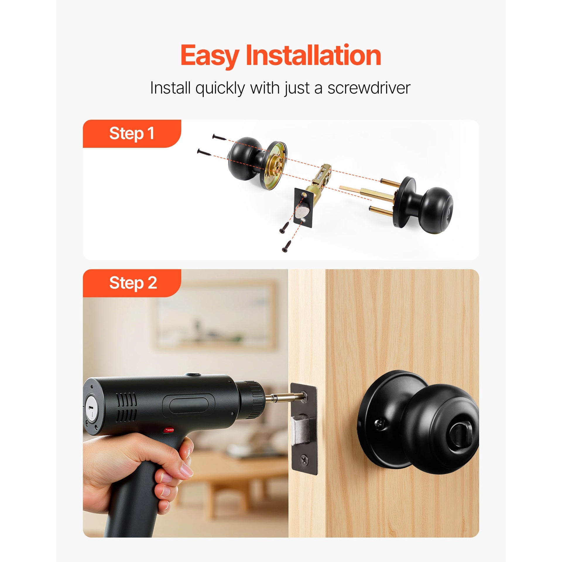 Round Privacy Door Knobs for Bedroom Bathroom Matte Black 6 Pack Keyless