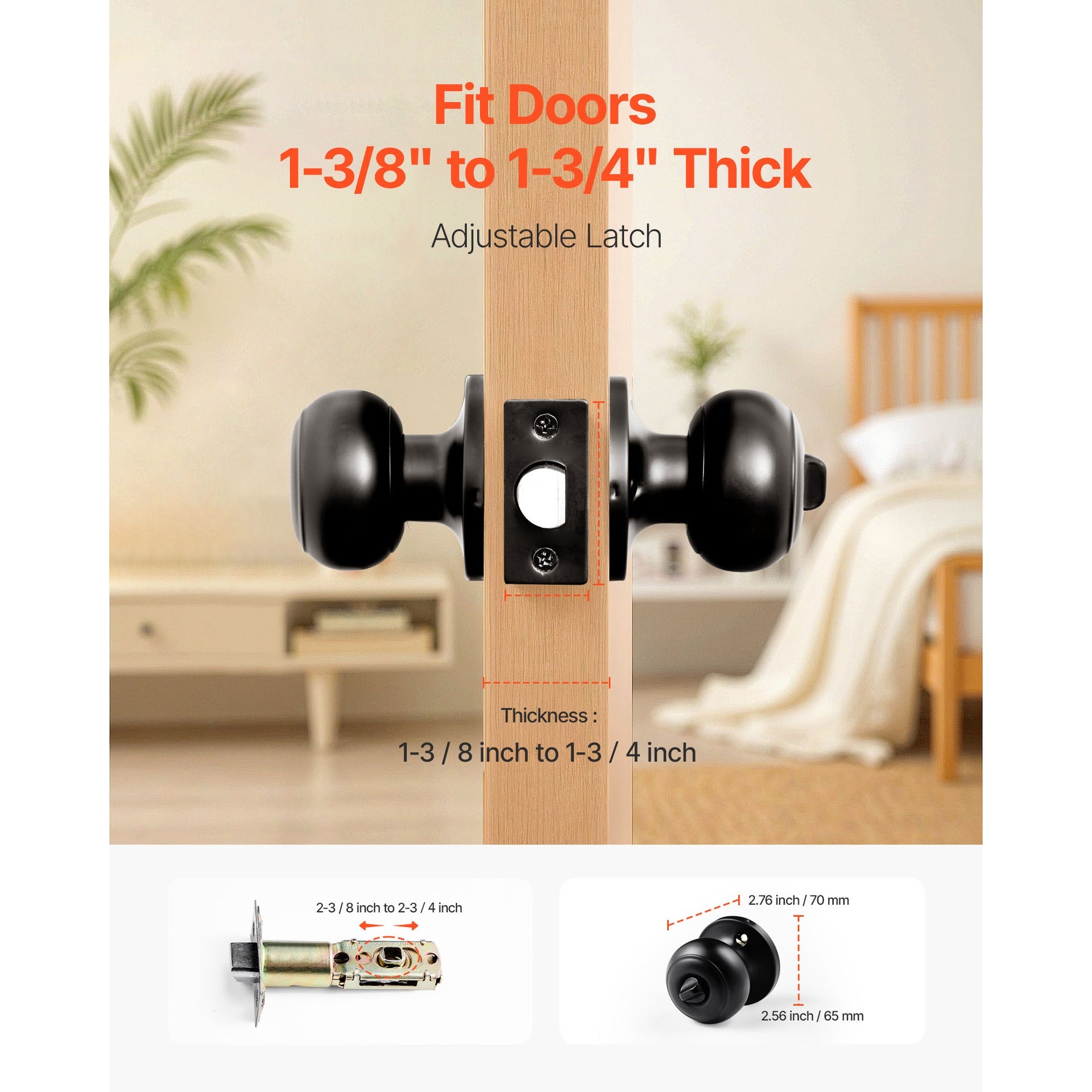 Round Privacy Door Knobs for Bedroom Bathroom Matte Black 6 Pack Keyless