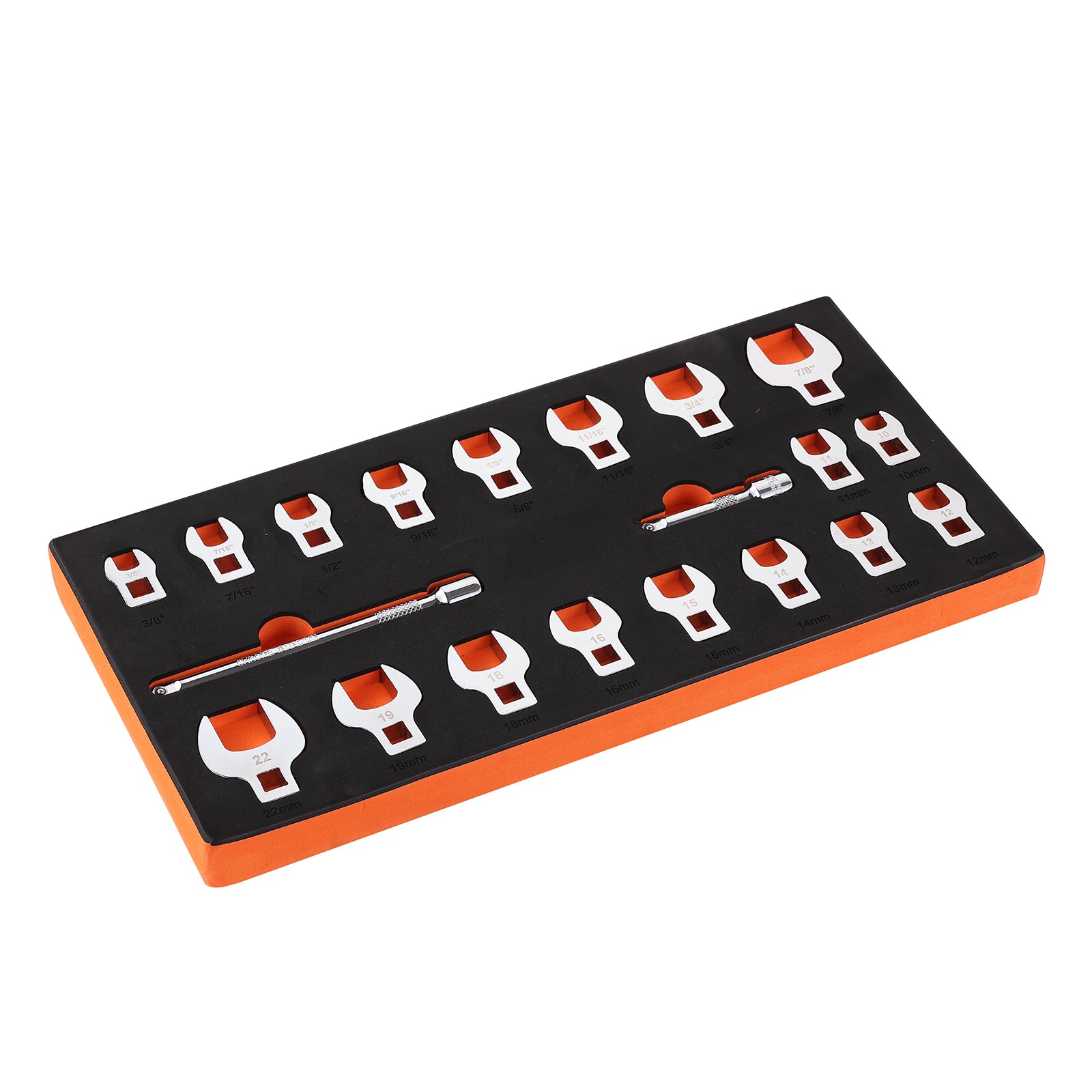 Crowfoot Wrench Set, 3/8" Drive 20-Piece Crows Foot Wrench Set with 2 Extension Bars and EVA Tool Organizer,40CR Material with Mirror Chrome Finish, SAE 3/8"-7/8" and Metric 10-22 mm,