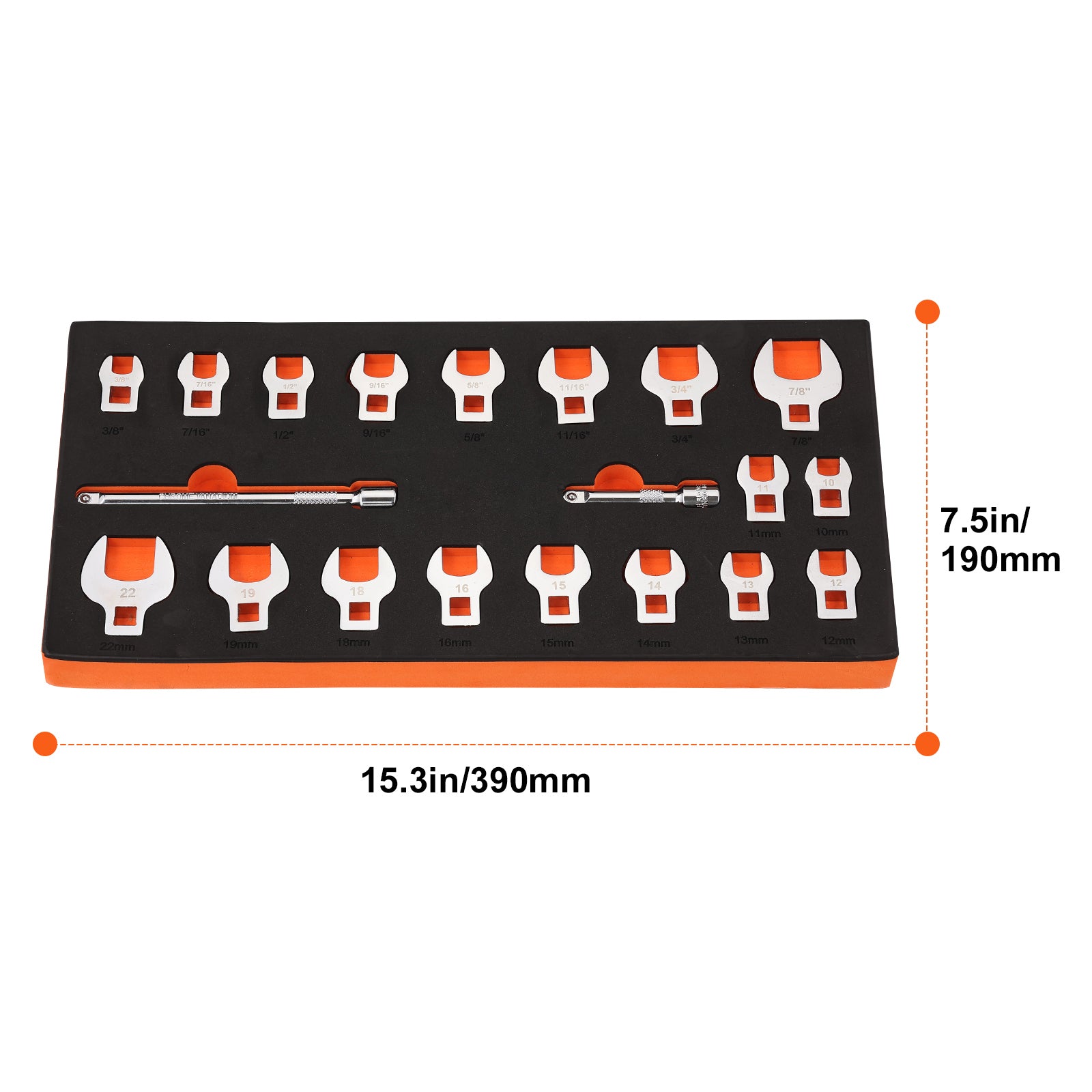 Crowfoot Wrench Set, 3/8" Drive 20-Piece Crows Foot Wrench Set with 2 Extension Bars and EVA Tool Organizer,40CR Material with Mirror Chrome Finish, SAE 3/8"-7/8" and Metric 10-22 mm,