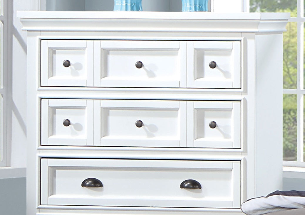 Transitional Style 1pc Chest White Finish 5-Drawers Cup Handle And Round Knobs Felt Line Drawers Ball Bearing Glides