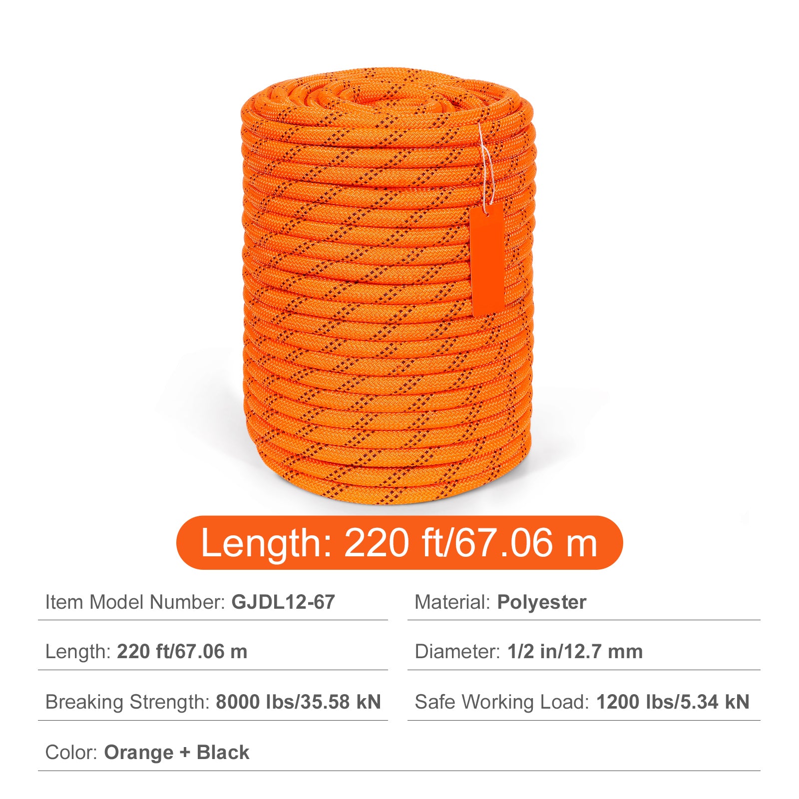 Double Braided Polyester Rope, 1/2 in x 220 ft, 48 Strands, 8000 LBS Breaking Strength Outdoor Climbing Rope, Arborist Rigging Rope for Rock Hiking Camping Swing Rappelling Rescue, Orange/Black