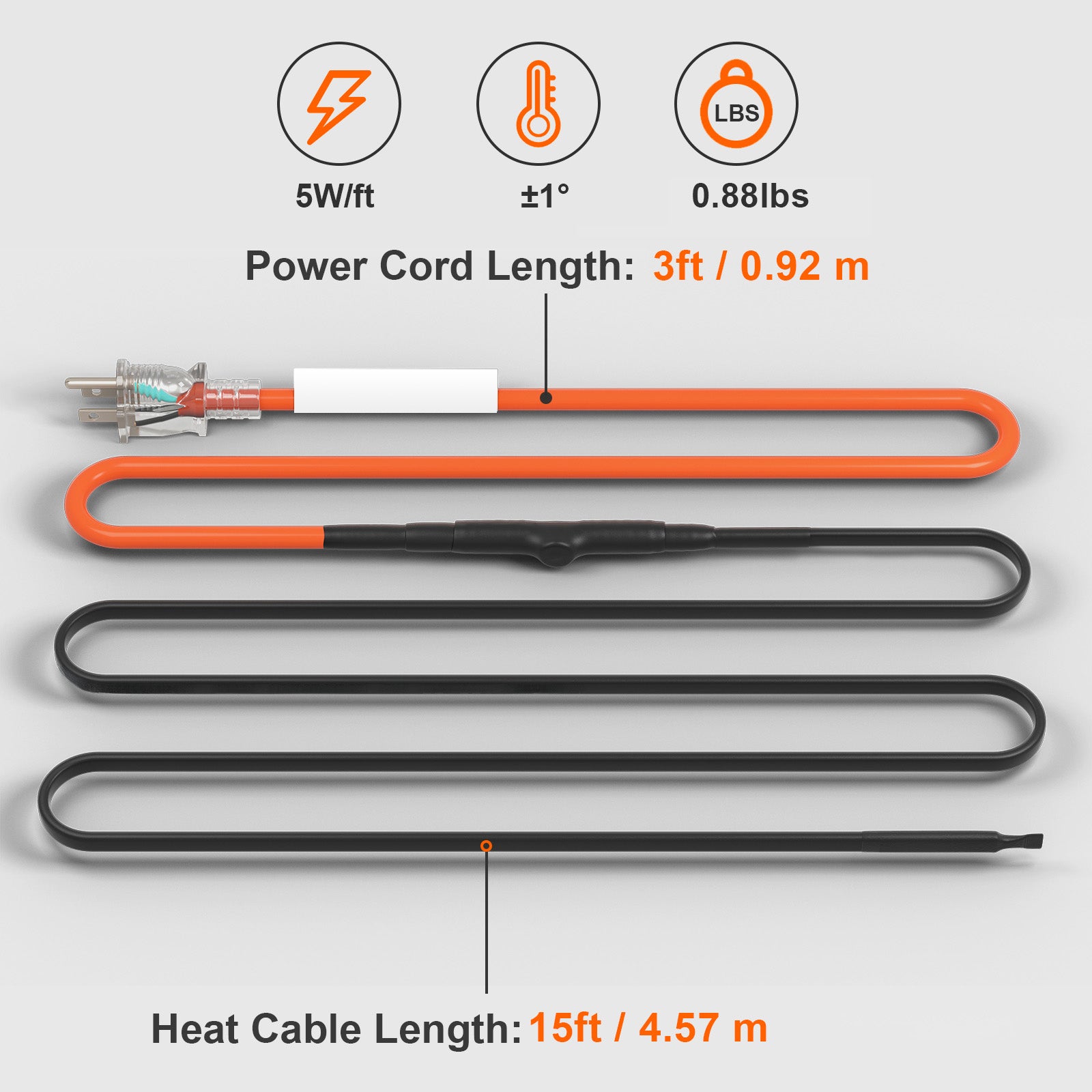 Self-Regulating Pipe Heating Cable 15FT 5W/FT Heat Tape with Thermostat