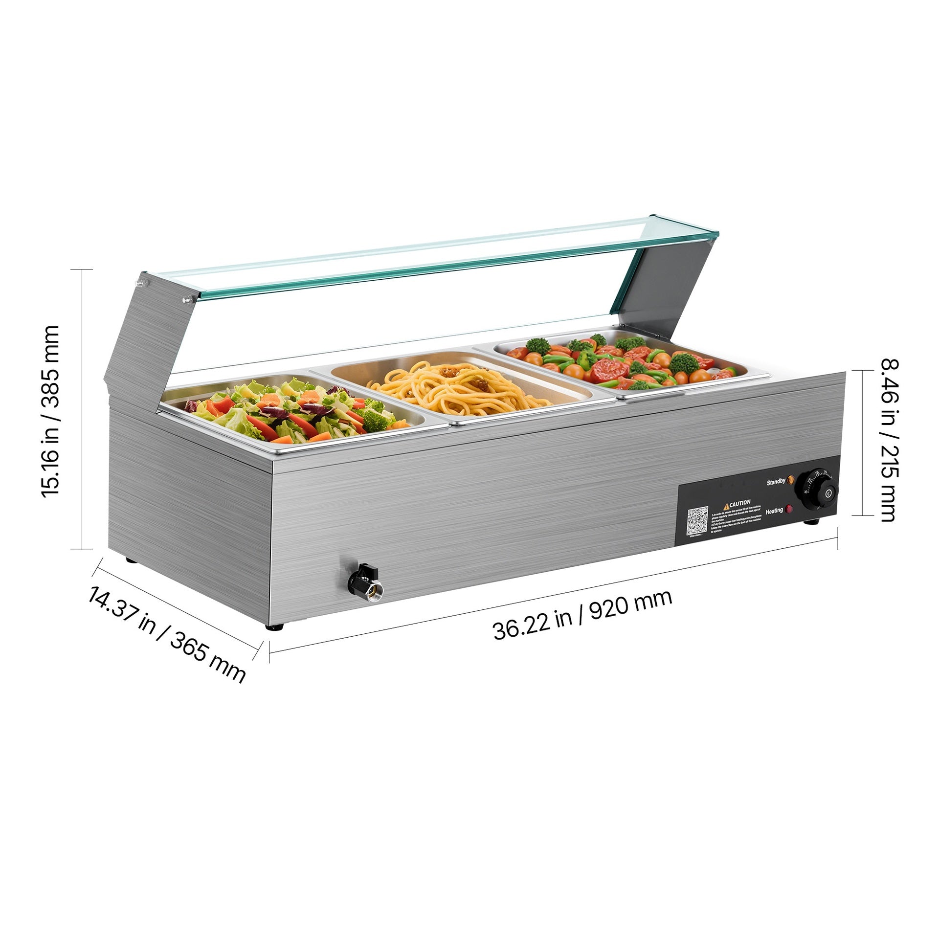 Commercial Food Warmer 3-Pan 1500W Buffet Bain Marie with Glass Cover