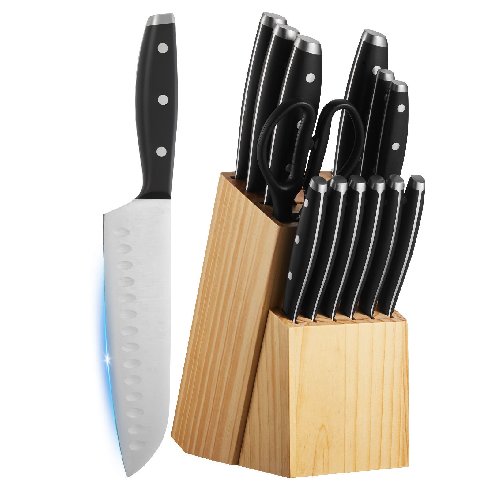 Kitchen Knife Set with Block and Sharpener, 15 Piece High Carbon Stainless Steel Sharp Knife Set, Kitchen Cutlery with Ergonomic Handle, Sharpening Rod and Premium Wooden Block, for Home Cooks