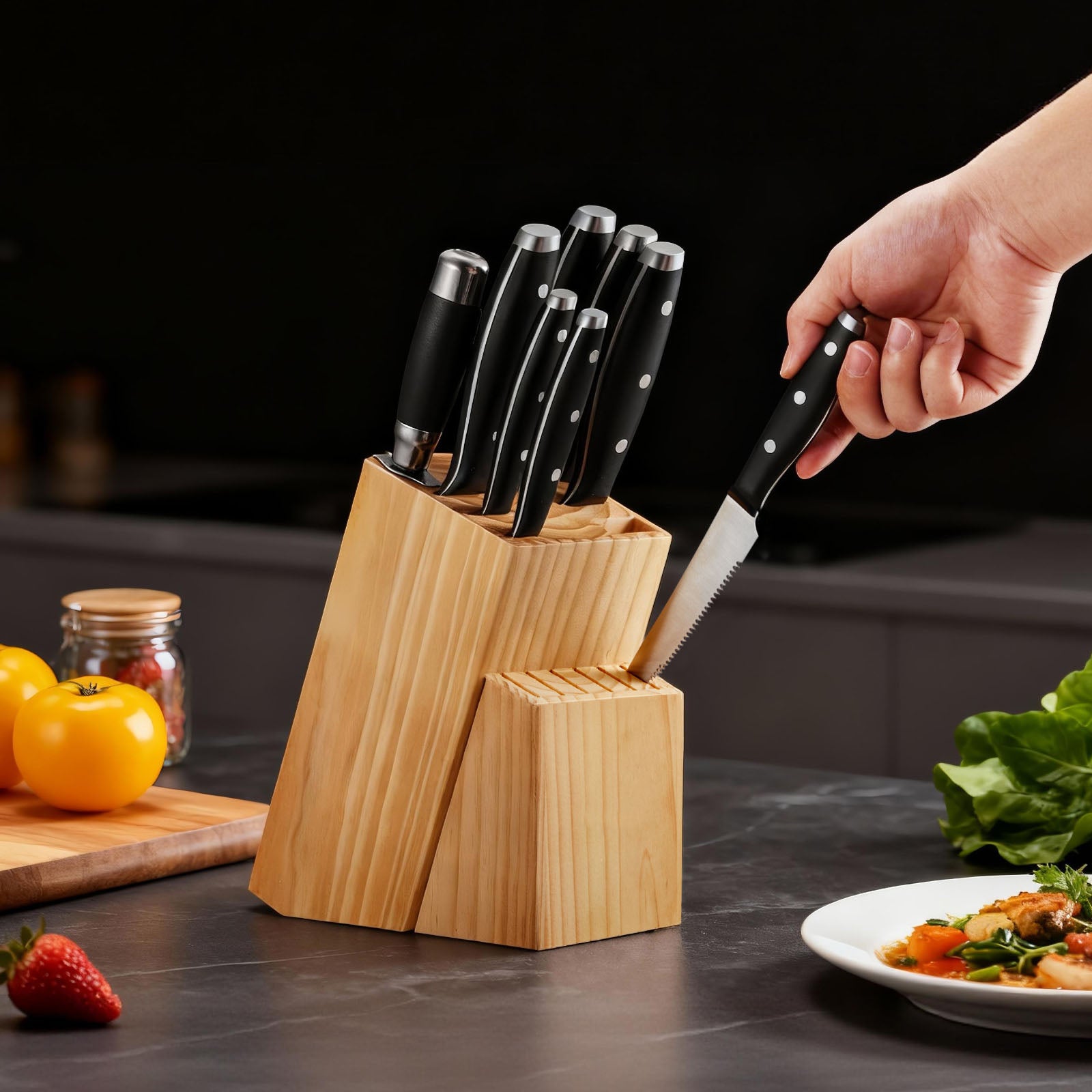 Kitchen Knife Set with Block and Sharpener, 15 Piece High Carbon Stainless Steel Sharp Knife Set, Kitchen Cutlery with Ergonomic Handle, Sharpening Rod and Premium Wooden Block, for Home Cooks