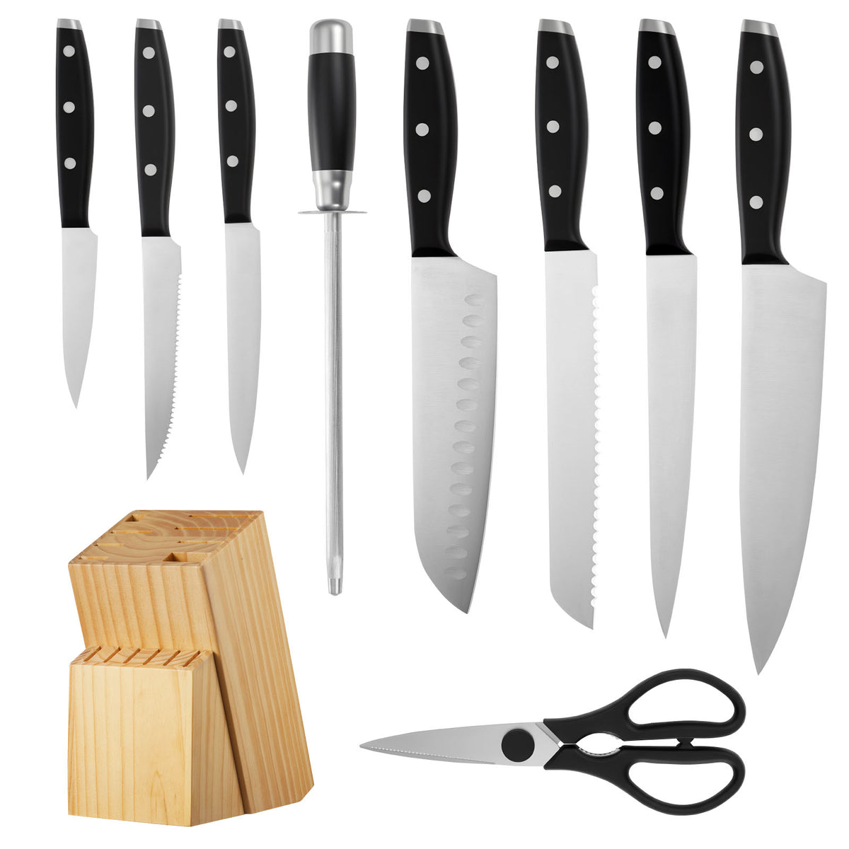 Kitchen Knife Set with Block and Sharpener, 15 Piece High Carbon Stainless Steel Sharp Knife Set, Kitchen Cutlery with Ergonomic Handle, Sharpening Rod and Premium Wooden Block, for Home Cooks