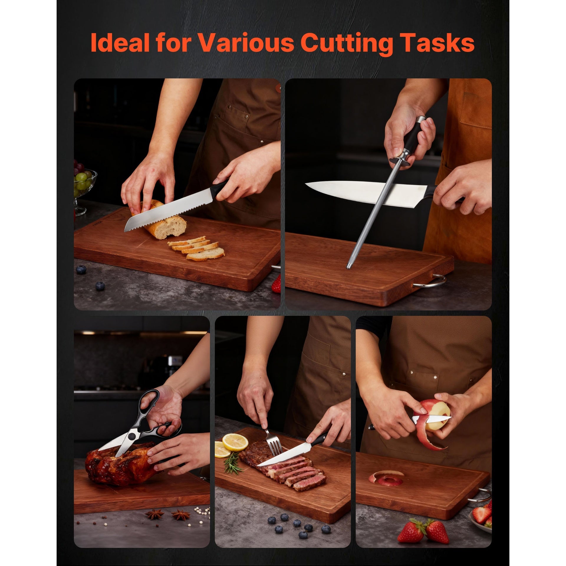 Kitchen Knife Set with Block and Sharpener, 15 Piece High Carbon Stainless Steel Sharp Knife Set, Kitchen Cutlery with Ergonomic Handle, Sharpening Rod and Premium Wooden Block, for Home Cooks