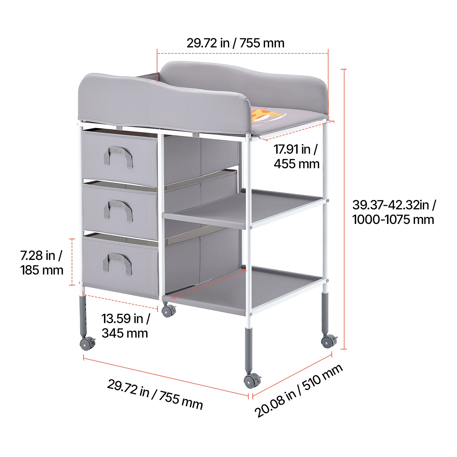 Baby Changing Table Portable Diaper Change Station with 3 Drawers & Wheels