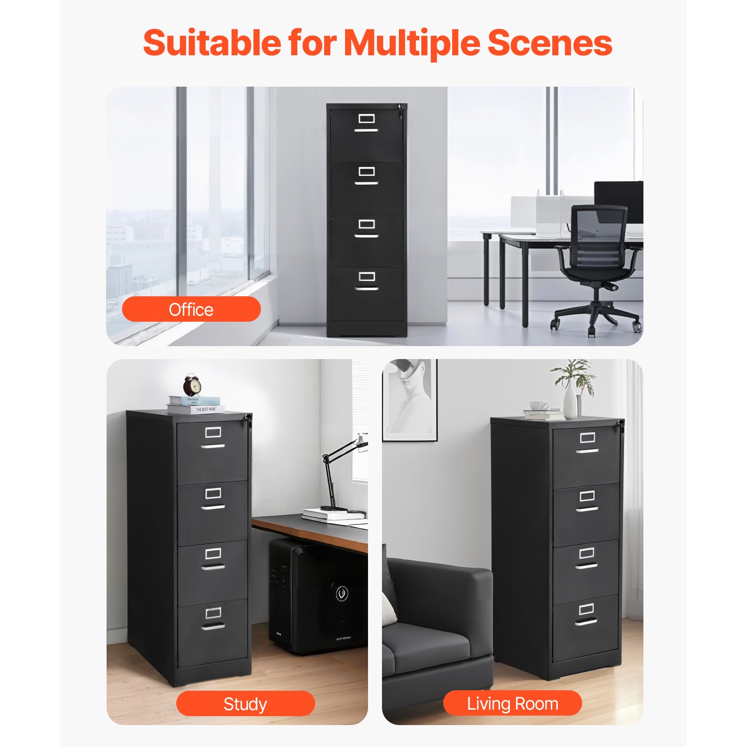 4 Drawer File Cabinet with Lock, Metal Vertical Filing Storage Cabinets for Home Office, Heavy-Duty Cabinet with Detachable Hanging Rod, for A4/Letter/Legal Size File, Easy Assembly (Black)