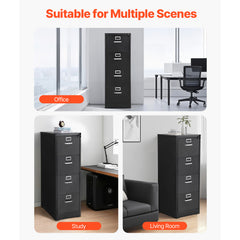 4 Drawer File Cabinet with Lock, Metal Vertical Filing Storage Cabinets for Home Office, Heavy-Duty Cabinet with Detachable Hanging Rod, for A4/Letter/Legal Size File, Easy Assembly (Black)