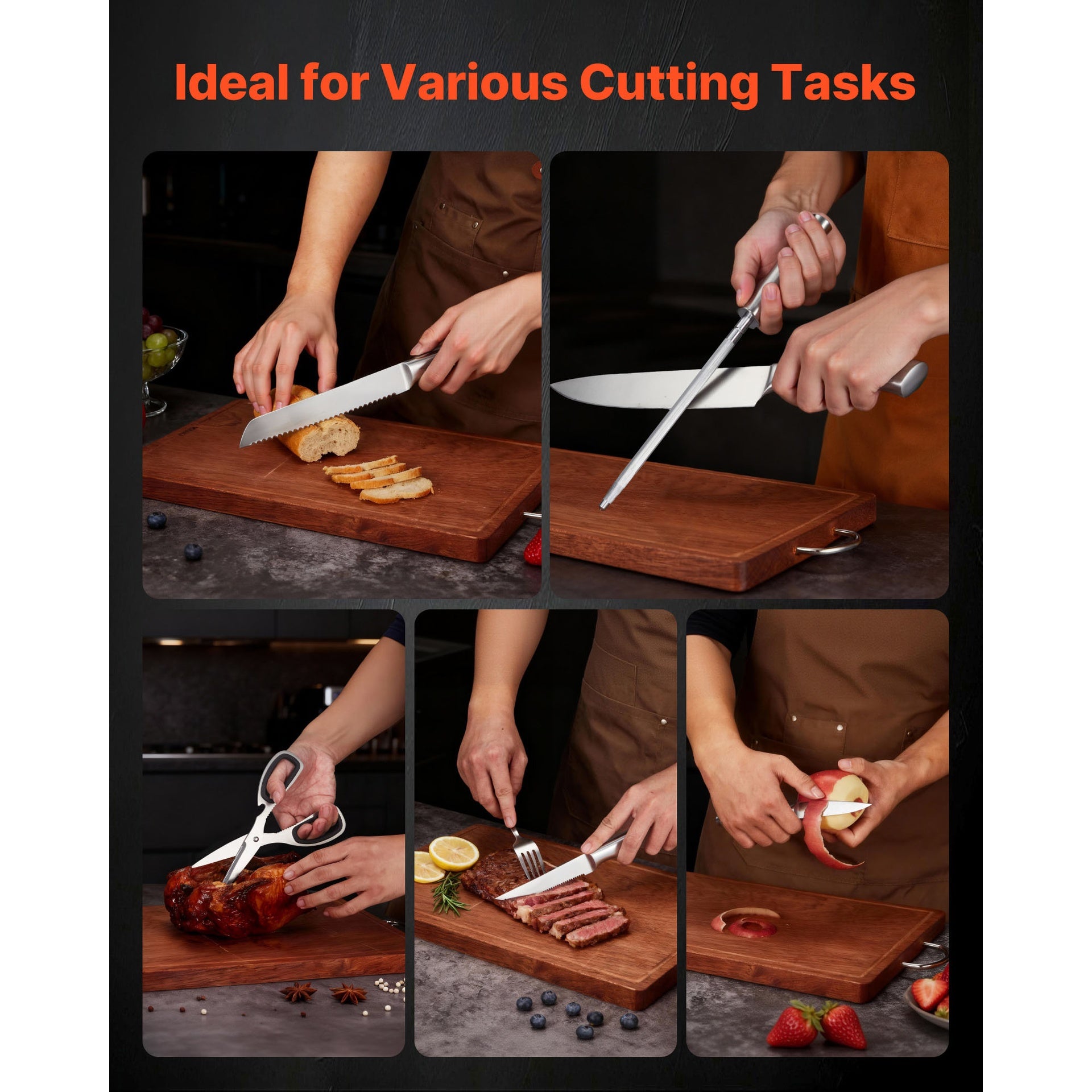 Kitchen Knife Set with Block and Sharpener, 15 Piece German High Carbon Stainless Steel Sharp Knife Set, Kitchen Cutlery with Ergonomic Handle, Sharpening Rod and Wooden Block, for Home Cooks