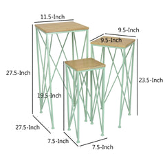 Mito 3pc Nesting Plant Stand Table, Brown Wood, X Cross Green Metal