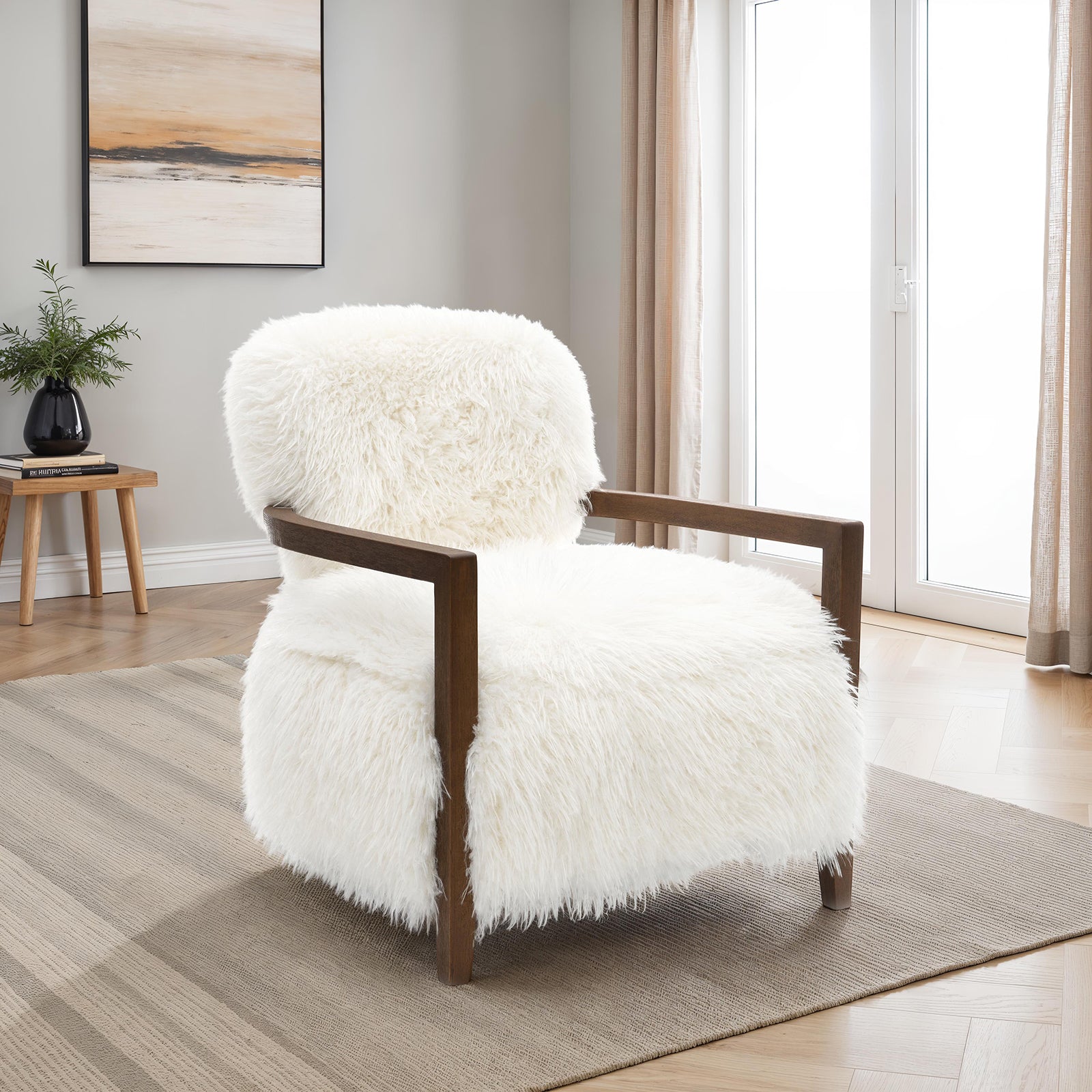 Contemporary Style 1pc Accent Chair Soft Faux Fur Wooden Arms Tight Back And Seat White Finish Primary Living Room