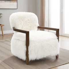 Contemporary Style 1pc Accent Chair Soft Faux Fur Wooden Arms Tight Back And Seat White Finish Primary Living Room