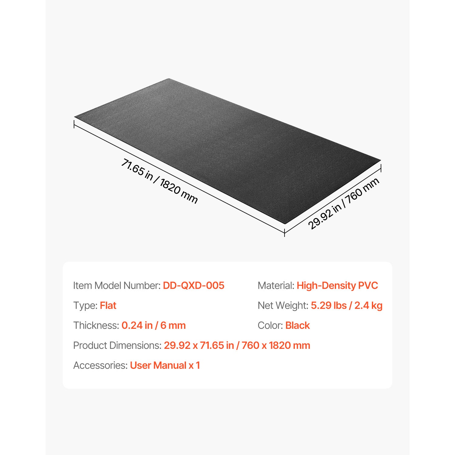 Treadmill Mat for Carpet Floor 1/4" Thick 30"x72" Exercise Equipment Mat