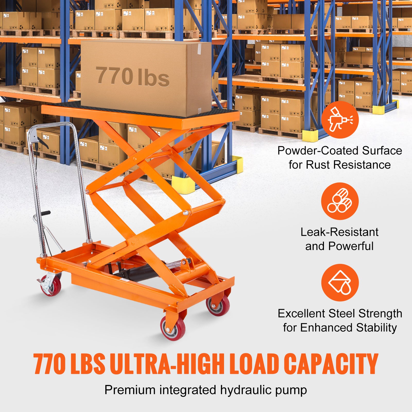 Hydraulic Lift Table Cart, 770lbs Capacity 59" Lifting Height, Manual Double Scissor Lift Table with 4 Wheels and Non-slip Pad, Hydraulic Scissor Cart for Material Handling and Transportation