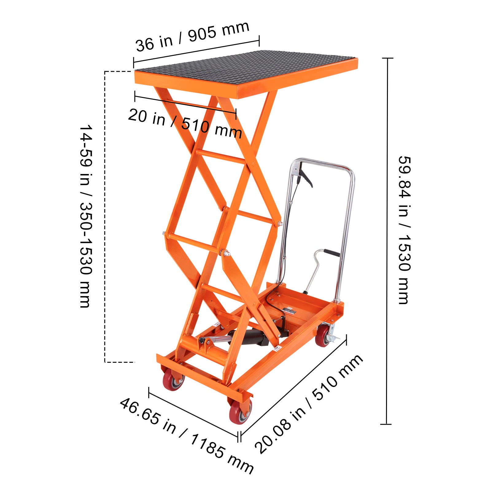 Hydraulic Lift Table Cart, 770lbs Capacity 59" Lifting Height, Manual Double Scissor Lift Table with 4 Wheels and Non-slip Pad, Hydraulic Scissor Cart for Material Handling and Transportation