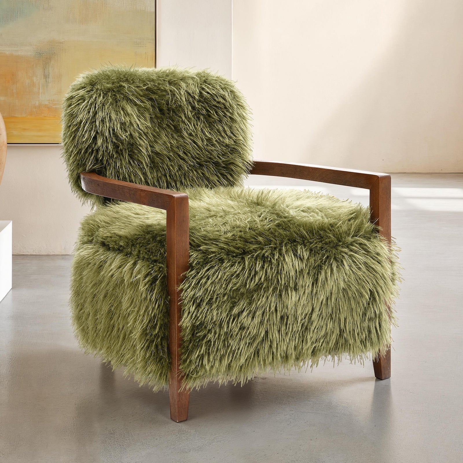 1pc Accent Chair Raked Wooden Arms Tight Back And Seat Soft Faux Fur Contemporary Green Finish Primary Room Furniture