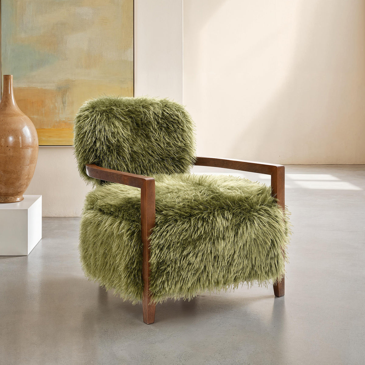 1pc Accent Chair Raked Wooden Arms Tight Back And Seat Soft Faux Fur Contemporary Green Finish Primary Room Furniture