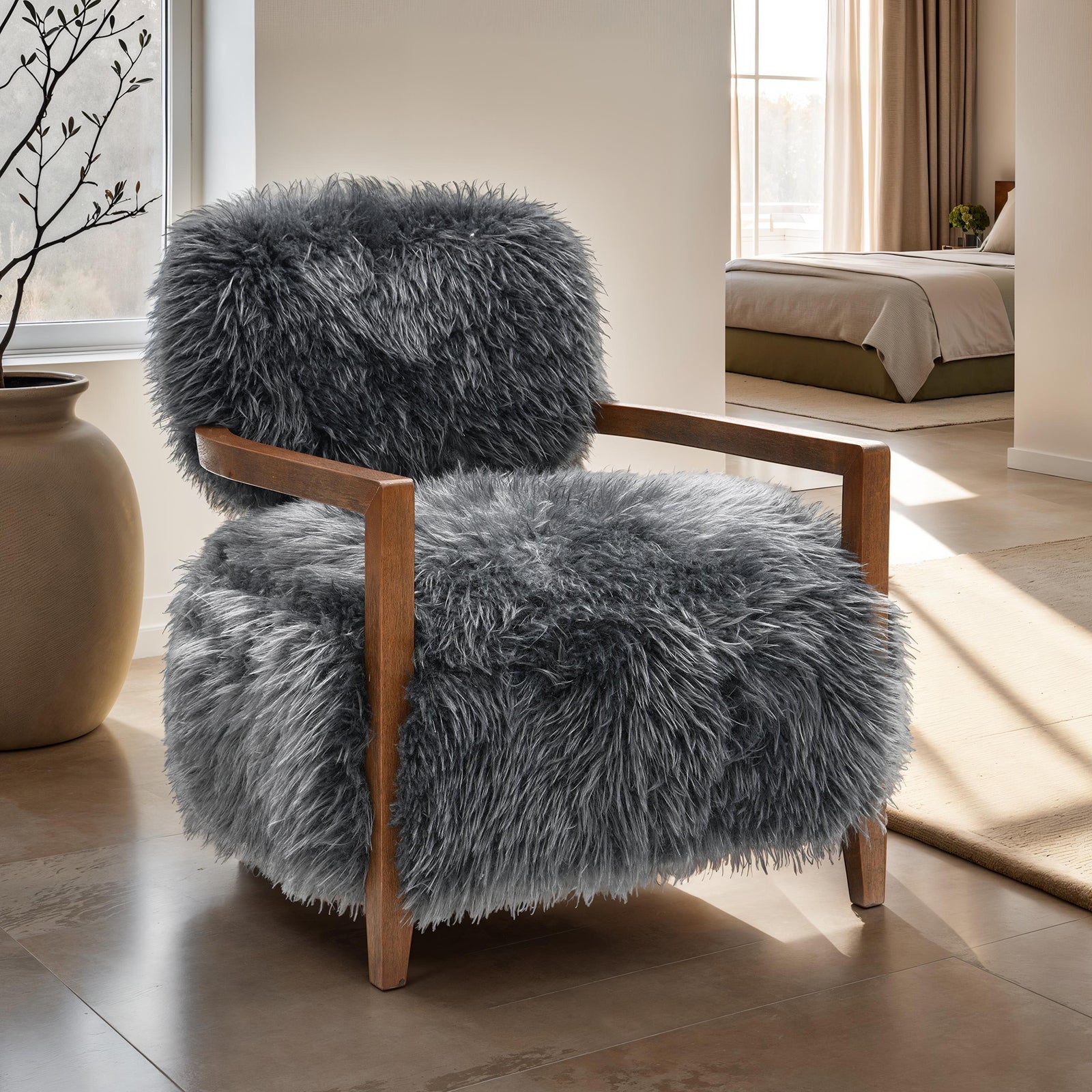 Charcoal Gray Finish Contemporary Style 1pc Accent Chair Soft Faux Fur Wooden Arms Tight Back And Seat Primary Living Room
