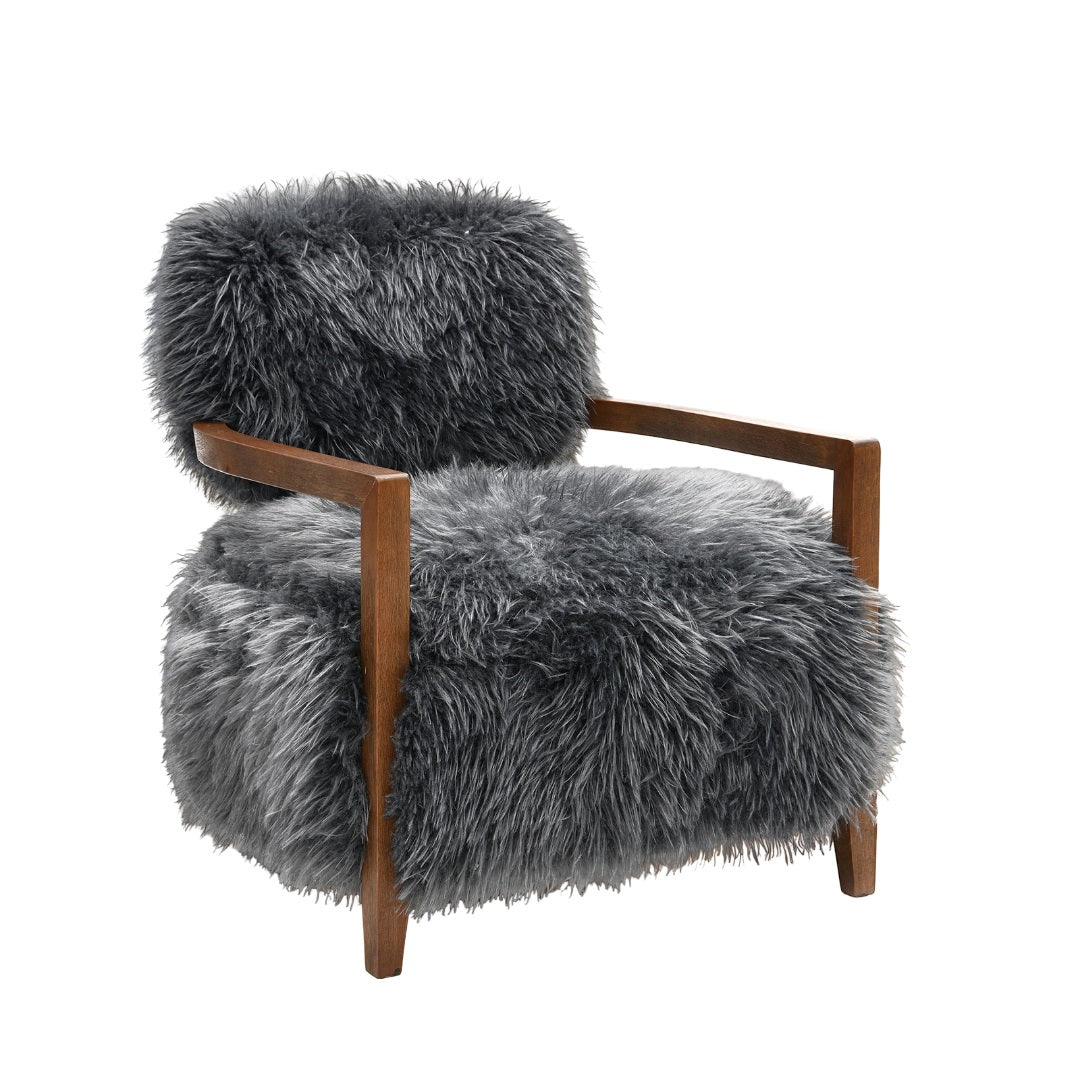 Charcoal Gray Finish Contemporary Style 1pc Accent Chair Soft Faux Fur Wooden Arms Tight Back And Seat Primary Living Room