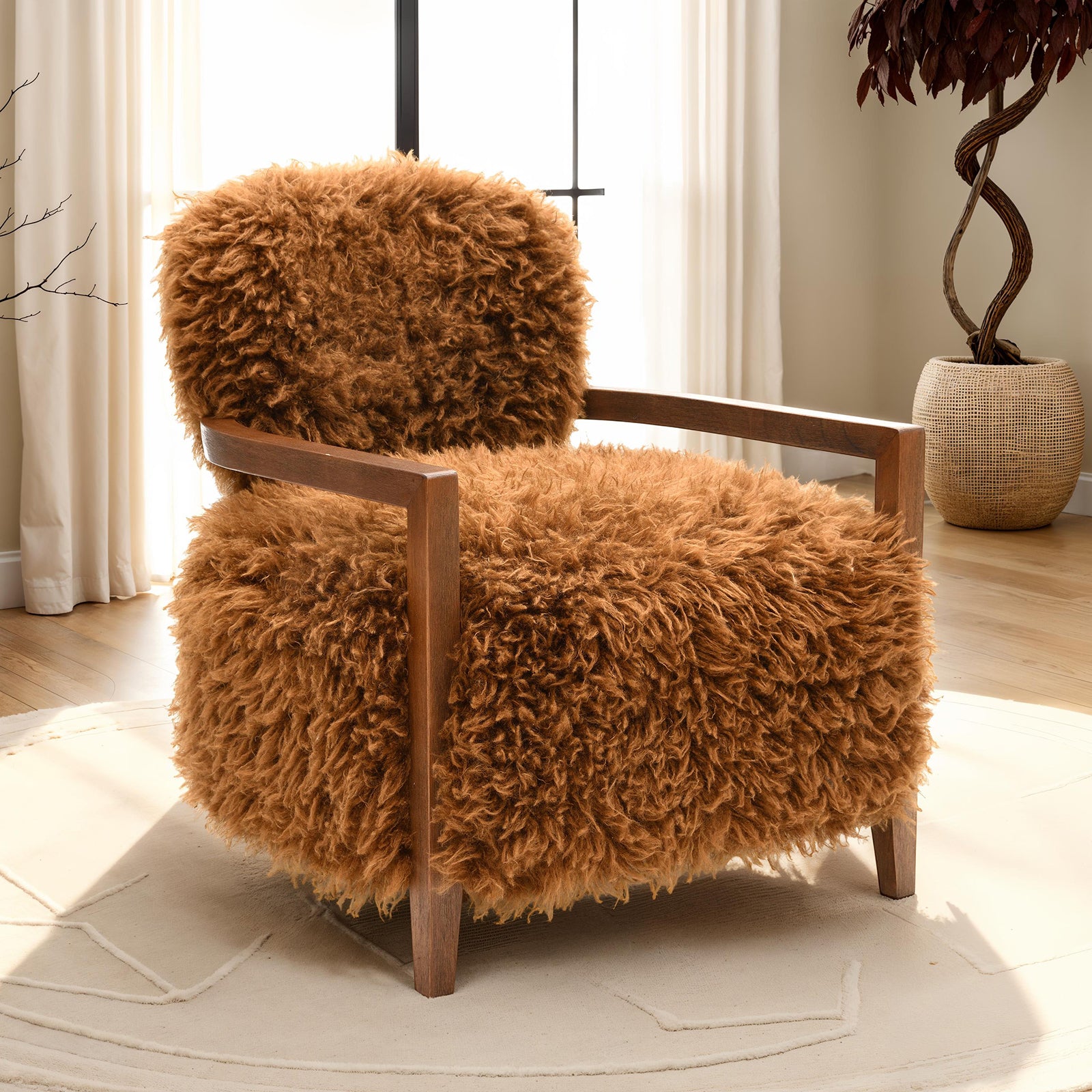 1pc Accent Chair Raked Wooden Arms Tight Back And Seat Soft Faux Fur Contemporary Camel Brown Finish Primary Room Furniture