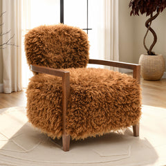 1pc Accent Chair Raked Wooden Arms Tight Back And Seat Soft Faux Fur Contemporary Camel Brown Finish Primary Room Furniture