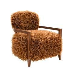 1pc Accent Chair Raked Wooden Arms Tight Back And Seat Soft Faux Fur Contemporary Camel Brown Finish Primary Room Furniture
