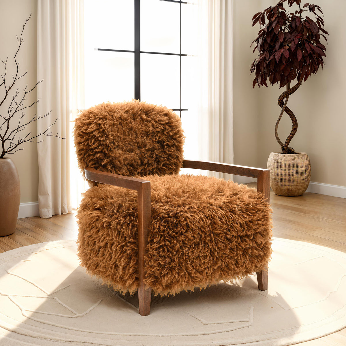 1pc Accent Chair Raked Wooden Arms Tight Back And Seat Soft Faux Fur Contemporary Camel Brown Finish Primary Room Furniture