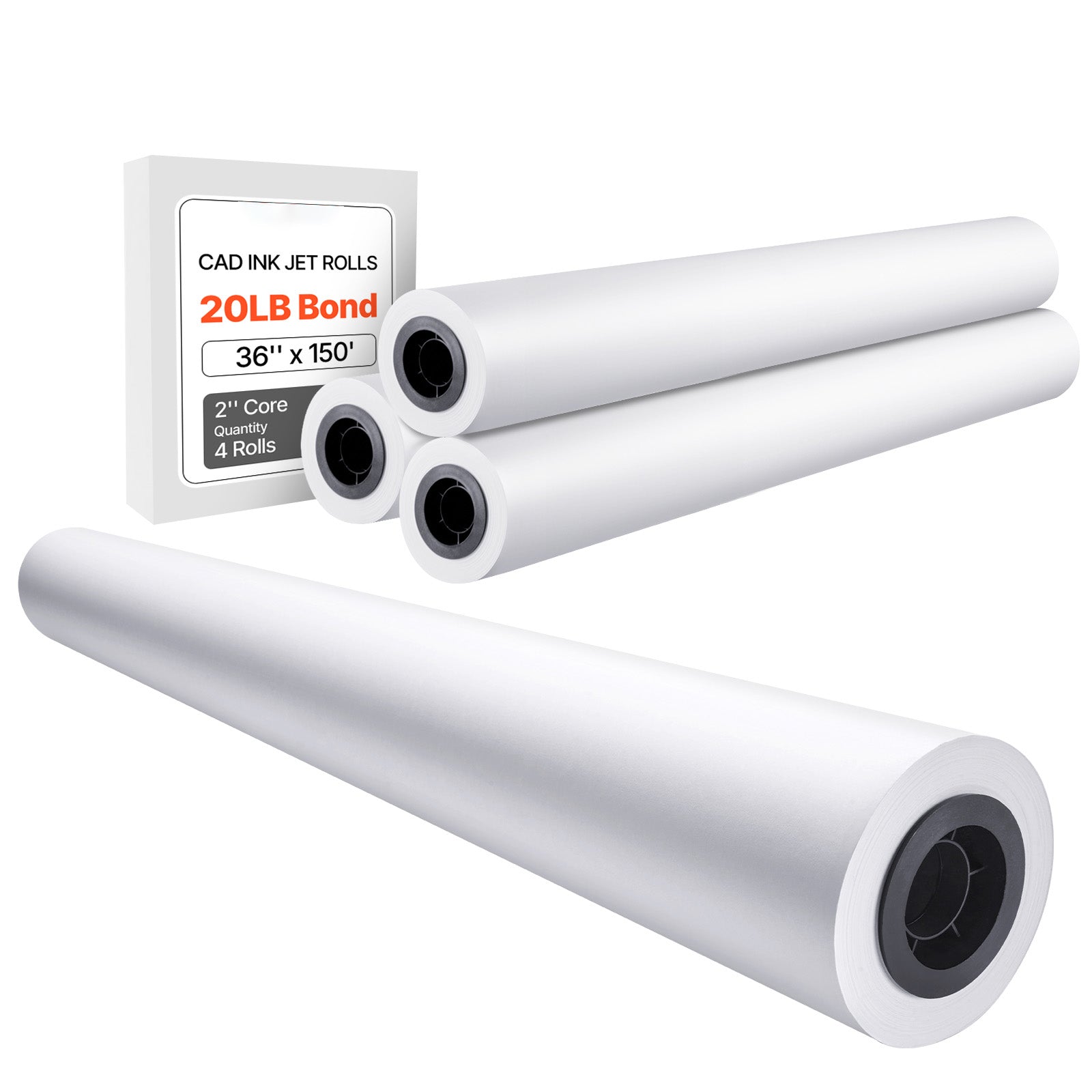 Wide Format Paper, 36 in x 150 ft Plotter Paper, 4 Rolls CAD Bond Rolls with 2 in Core, 20 LB Bond Paper Rolls, Idea for CAD Drawings, Engineering Plans, GIS Maps & Architectural Designs