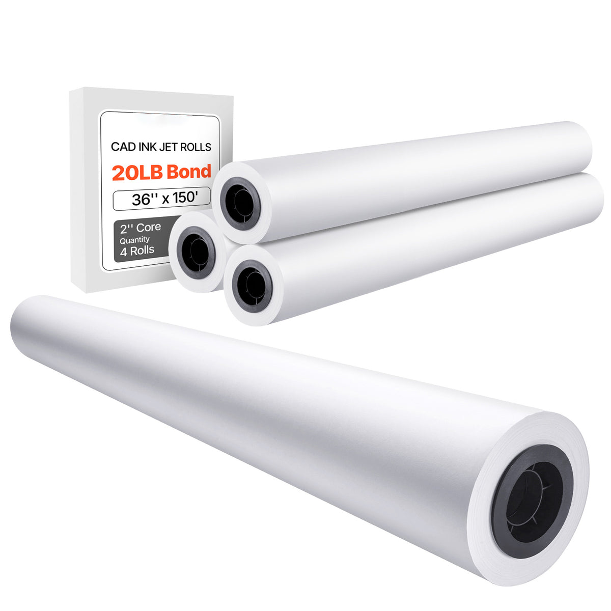 Wide Format Paper, 36 in x 150 ft Plotter Paper, 4 Rolls CAD Bond Rolls with 2 in Core, 20 LB Bond Paper Rolls, Idea for CAD Drawings, Engineering Plans, GIS Maps & Architectural Designs