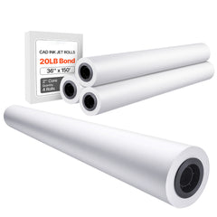 Wide Format Paper, 36 in x 150 ft Plotter Paper, 4 Rolls CAD Bond Rolls with 2 in Core, 20 LB Bond Paper Rolls, Idea for CAD Drawings, Engineering Plans, GIS Maps & Architectural Designs