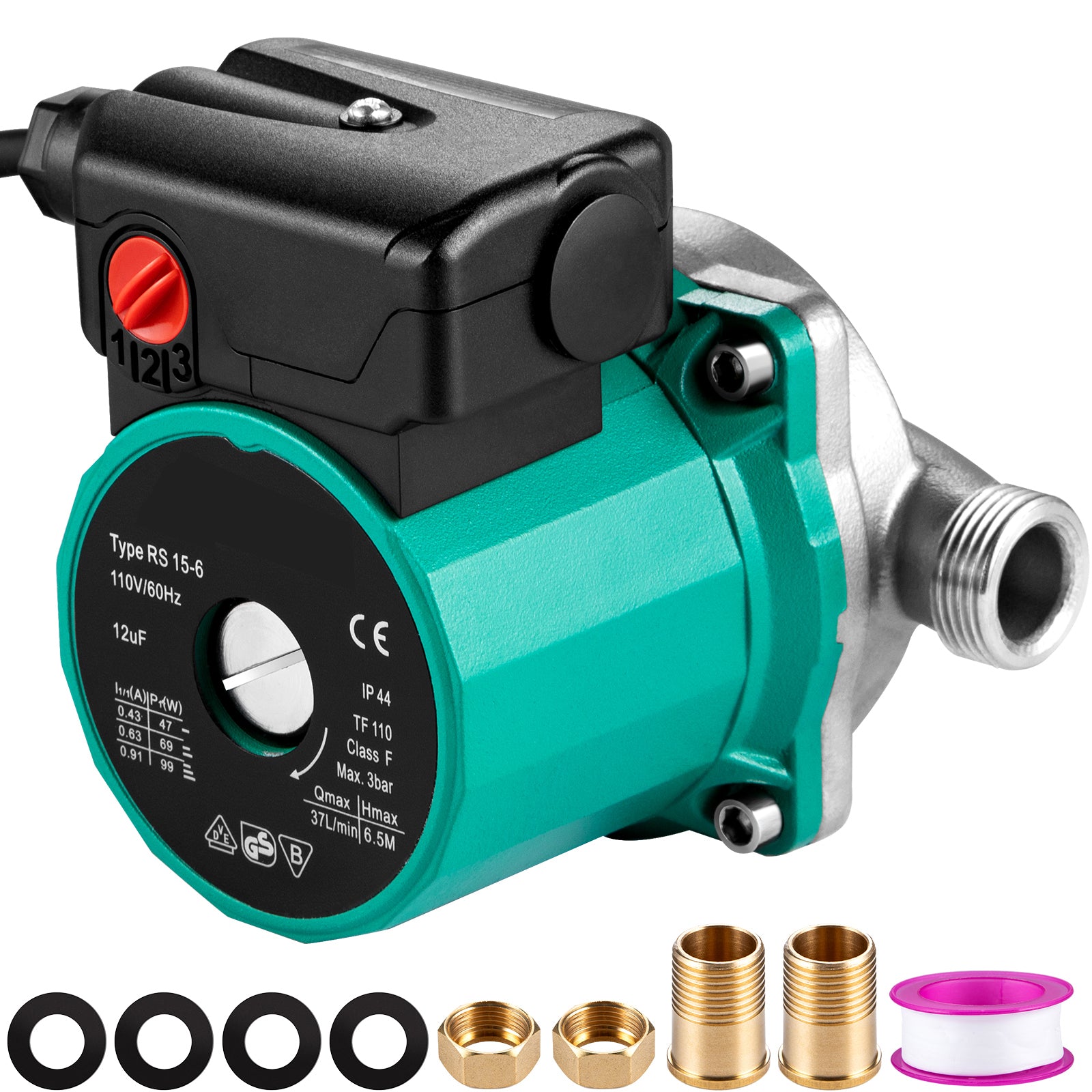 Hot Water Recirculating Pump, 93W, 110V Water Circulator Pump, Circulation Pump, 3/4″ G Thread to 1/2″ NPT Brass Adapter, Stainless Steel Head, 3 Speed Control for Electric Water Heater System