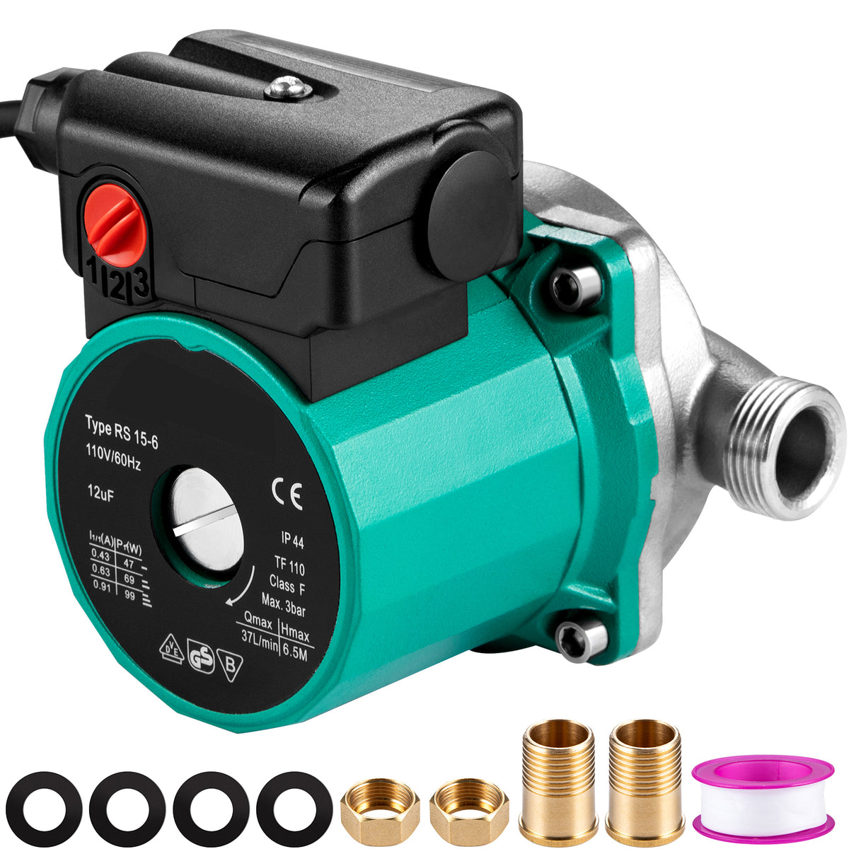 Hot Water Recirculating Pump, 93W, 110V Water Circulator Pump, Circulation Pump, 3/4″ G Thread to 1/2″ NPT Brass Adapter, Stainless Steel Head, 3 Speed Control for Electric Water Heater System