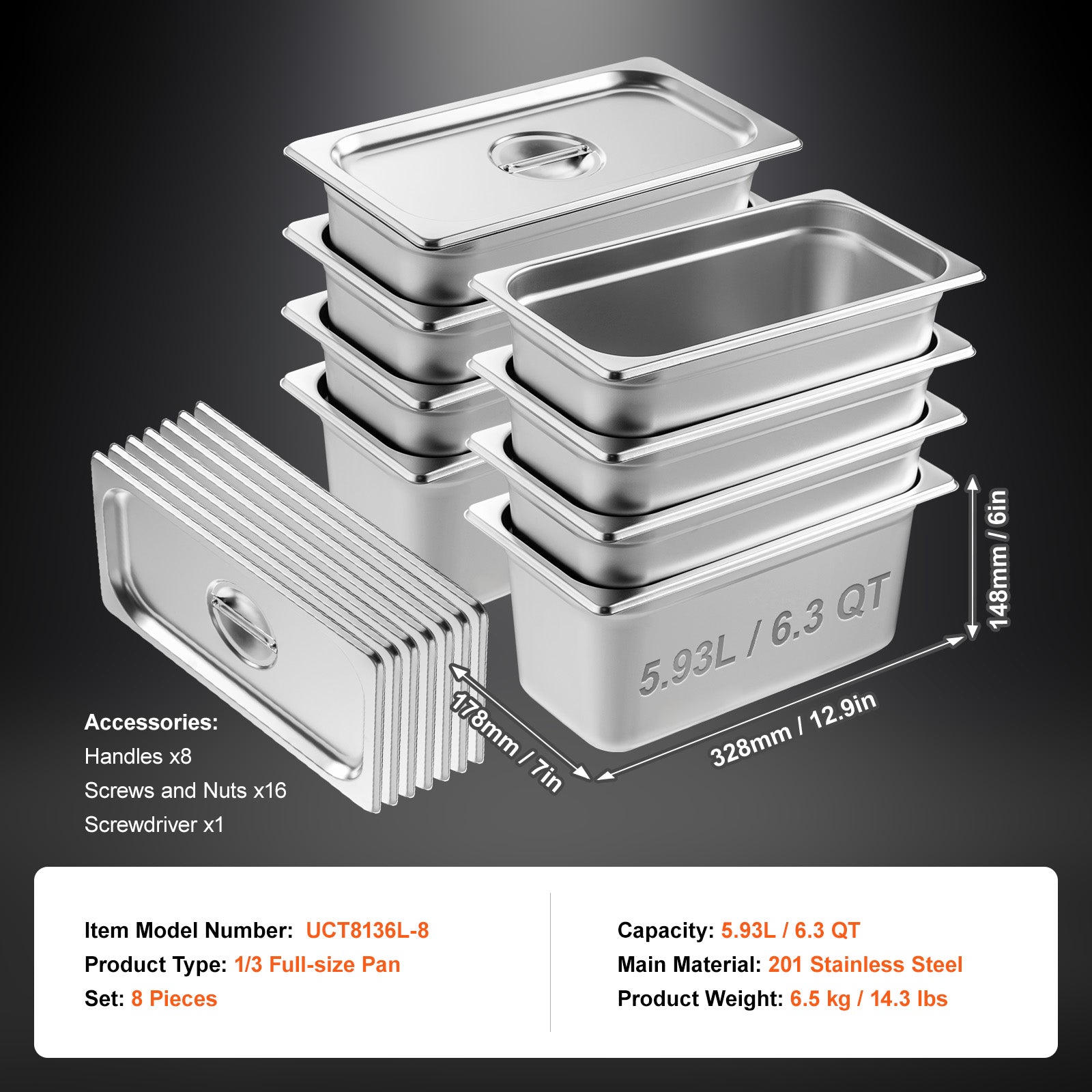 8 Pack Hotel Pans, 1/3 Size Anti-Jam Steam Pan with Lid, 0.8mm Thick Stainless Steel Steam Table Pan, 6-Inch Deep Commercial Table Pan, Catering Storage Food Pan, for Industrial & Scientific