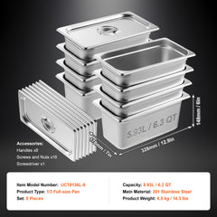 8 Pack Hotel Pans, 1/3 Size Anti-Jam Steam Pan with Lid, 0.8mm Thick Stainless Steel Steam Table Pan, 6-Inch Deep Commercial Table Pan, Catering Storage Food Pan, for Industrial & Scientific