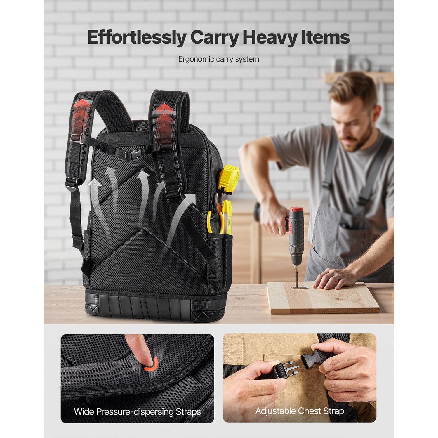 Tool Backpack with Tools 65 Pockets Tear-resistant Jobsite Backpack