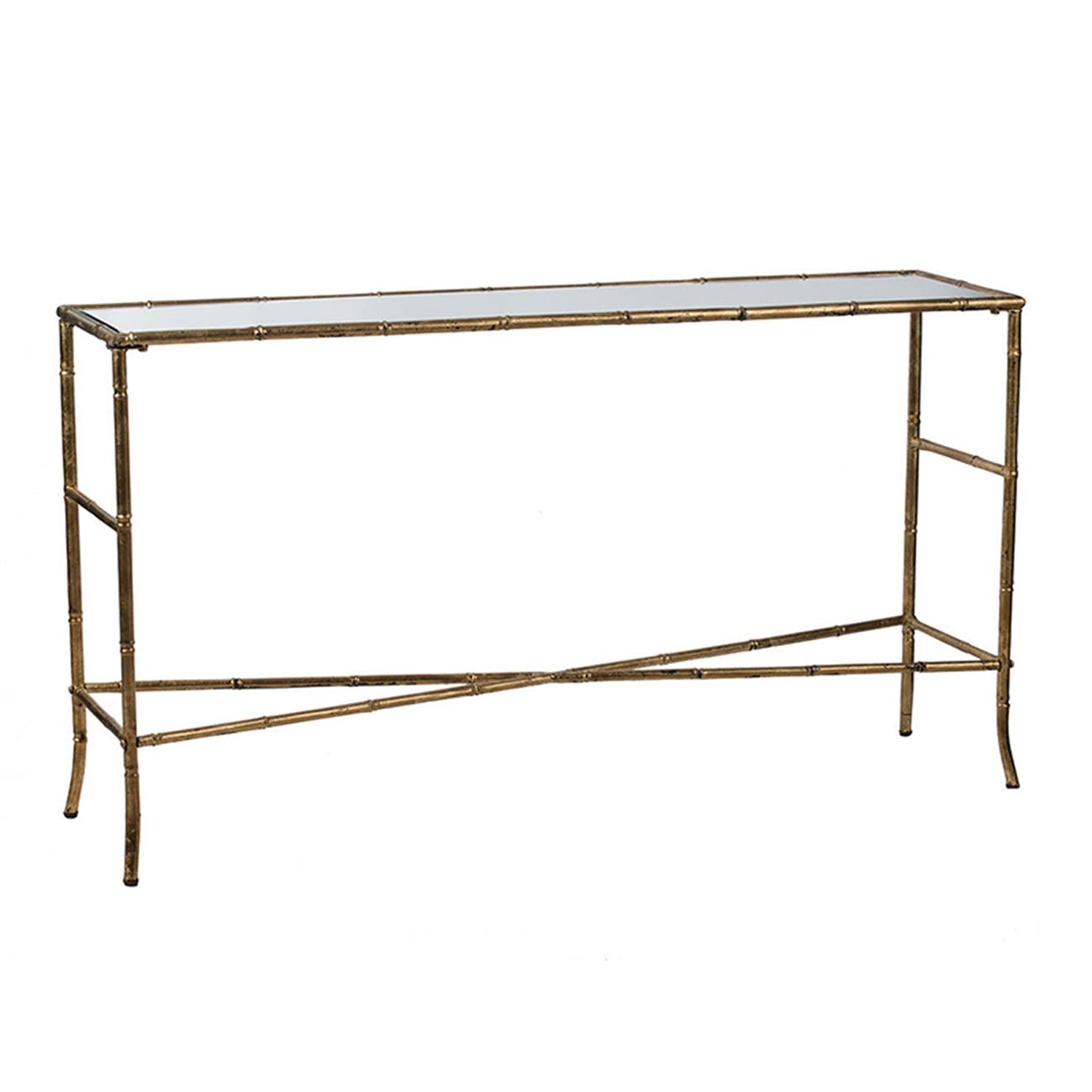 56.5x14x30" Antique Gold Console Table, Mirrored Top