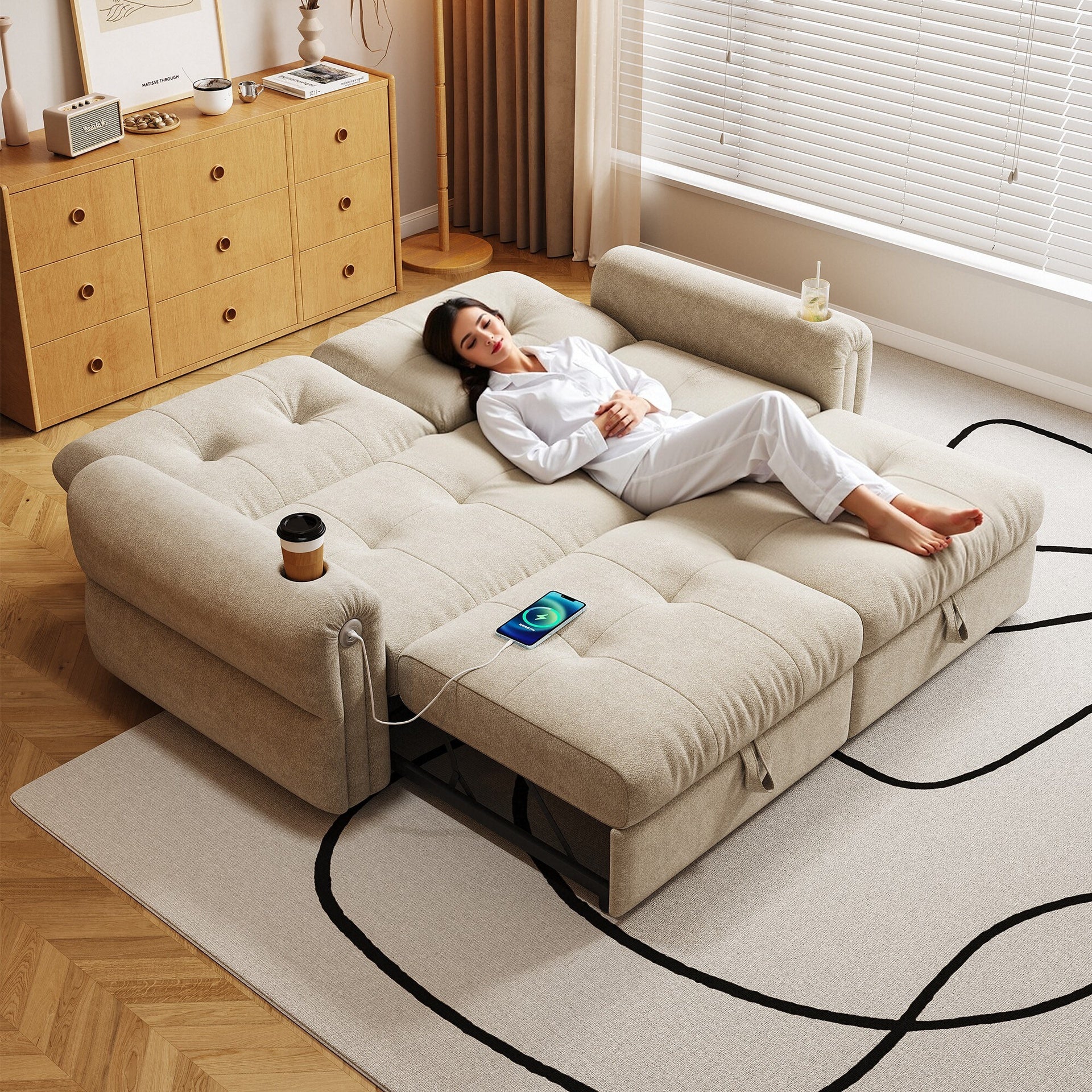 It is a multi-functional sofa, a 77-inch convertible sofa bed, and a 2-in-1 piece suitable for both sitting and lying down. Made of  Sheneyron fabric, it is suitable for living rooms, bedrooms