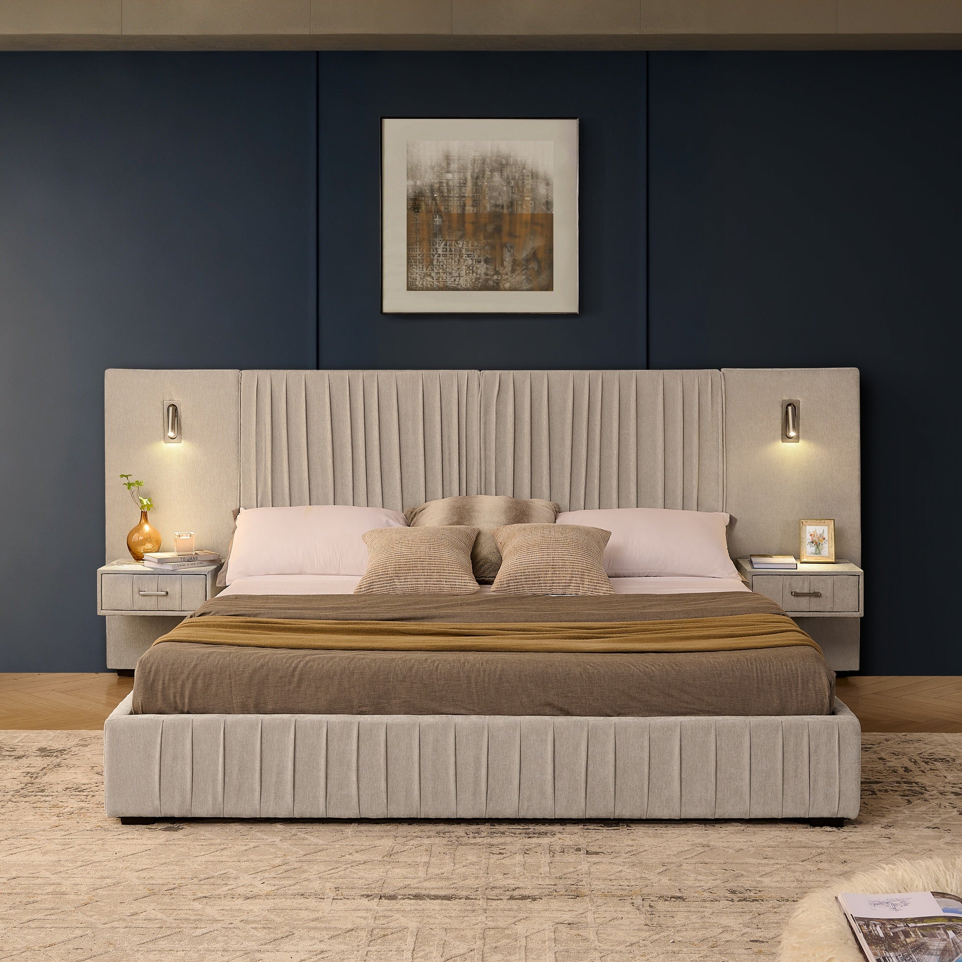 King Size Upholstered Bed Frame with Chenille fabric with pleated design,Grounded King Size Platform Bed with Headboard and Solid Frame and the bedside table.No Box Spring Needed-Beige